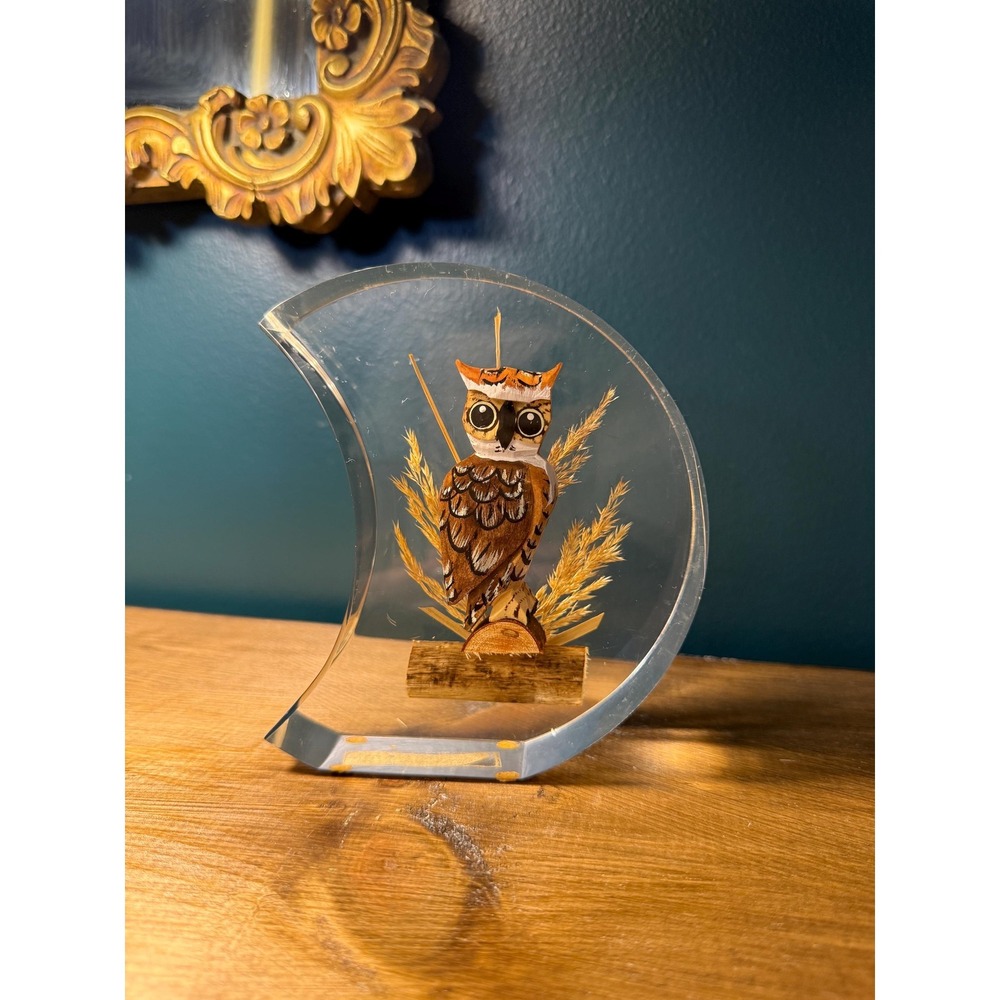 Vintage Owl Sculpture in‎ Lucite Crescent Block | Hand-Carved Wood & Wheat